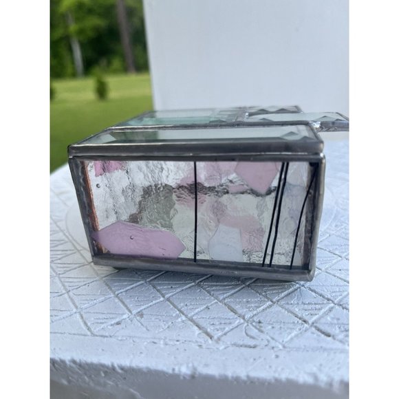 1980s STAINED GLASS MIRROR JEWELRY TRINKET Beveled CUBIST ABSTRACT HINGED BOX - Picture 7 of 12